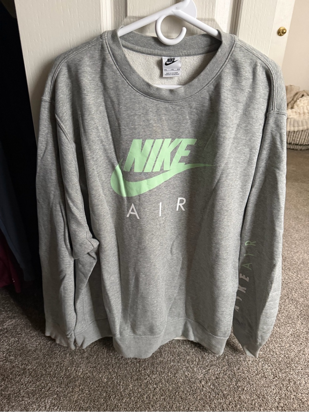 Nike Women's Light Gray Crewneck Sweatshirt with Mint Green Logo